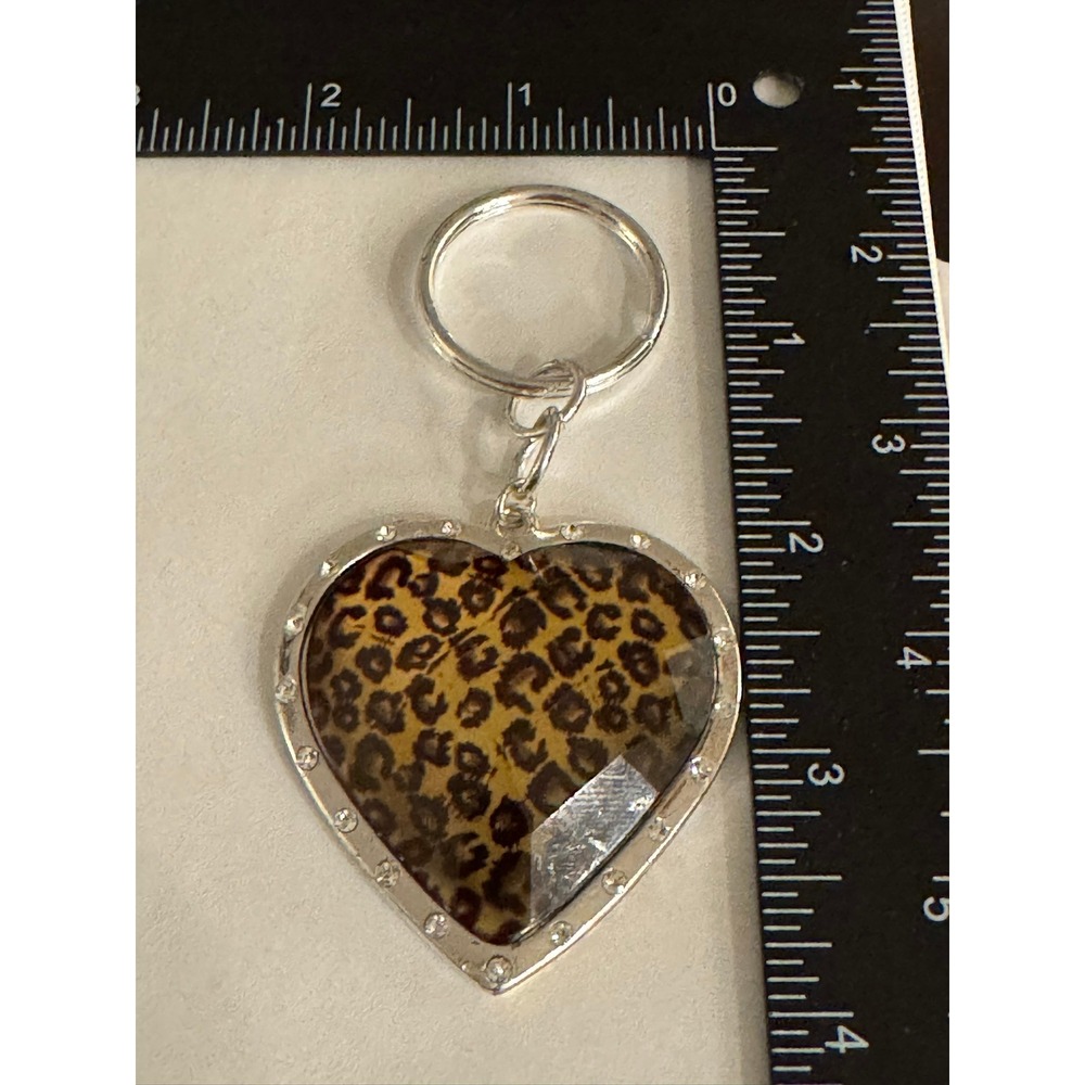 Leopard Print Heart Keychain Silver Tone Rhinestone Accent Charm Key Ring